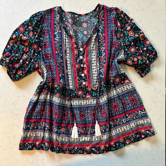 Women’s Casual Boho Floral V Neck Printed Bohemian Blouse - Multicolor - Picture 4 of 16